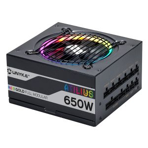 UNYKA ATILIUS RGB ATX 650W BLACK CABLEADO MODULAR APFC ACTIVO EFICIENCIA ENERGETICA 90% VENTILADOR RGB 120mm ULTRA SILENCIOSO