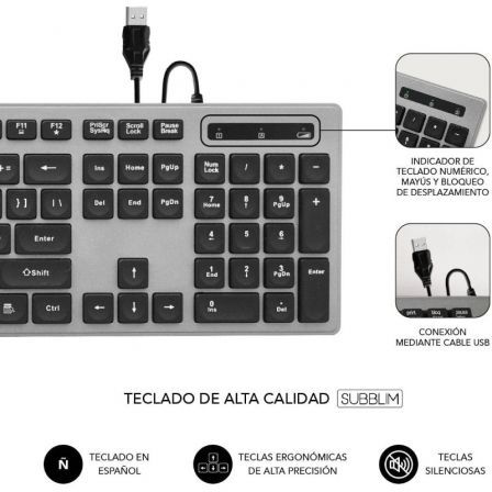 Teclado Subblim Wired Ergo Keys Silent Flat HQ/ Gris - Imagen 2