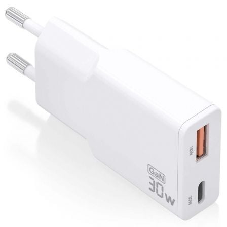 Cargador de Pared GaN Aisens ASCH-30W2P046-W/ 1xUSB Tipo-C/ 1xUSB/ 30W/ Blanco