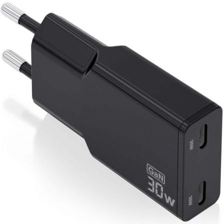 Cargador de Pared GaN Aisens ASCH-30W2P049-BK/ 2xUSB Tipo-C/ 30W/ Negro